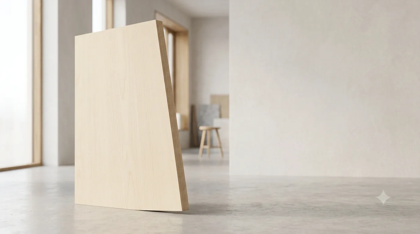 Birch plywood panel with smooth pale grain face and visible layered edge, standing in a bright interior
