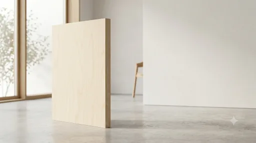 Birch plywood sheet leaning against a wall, showing the pale face veneer and multi-ply edge