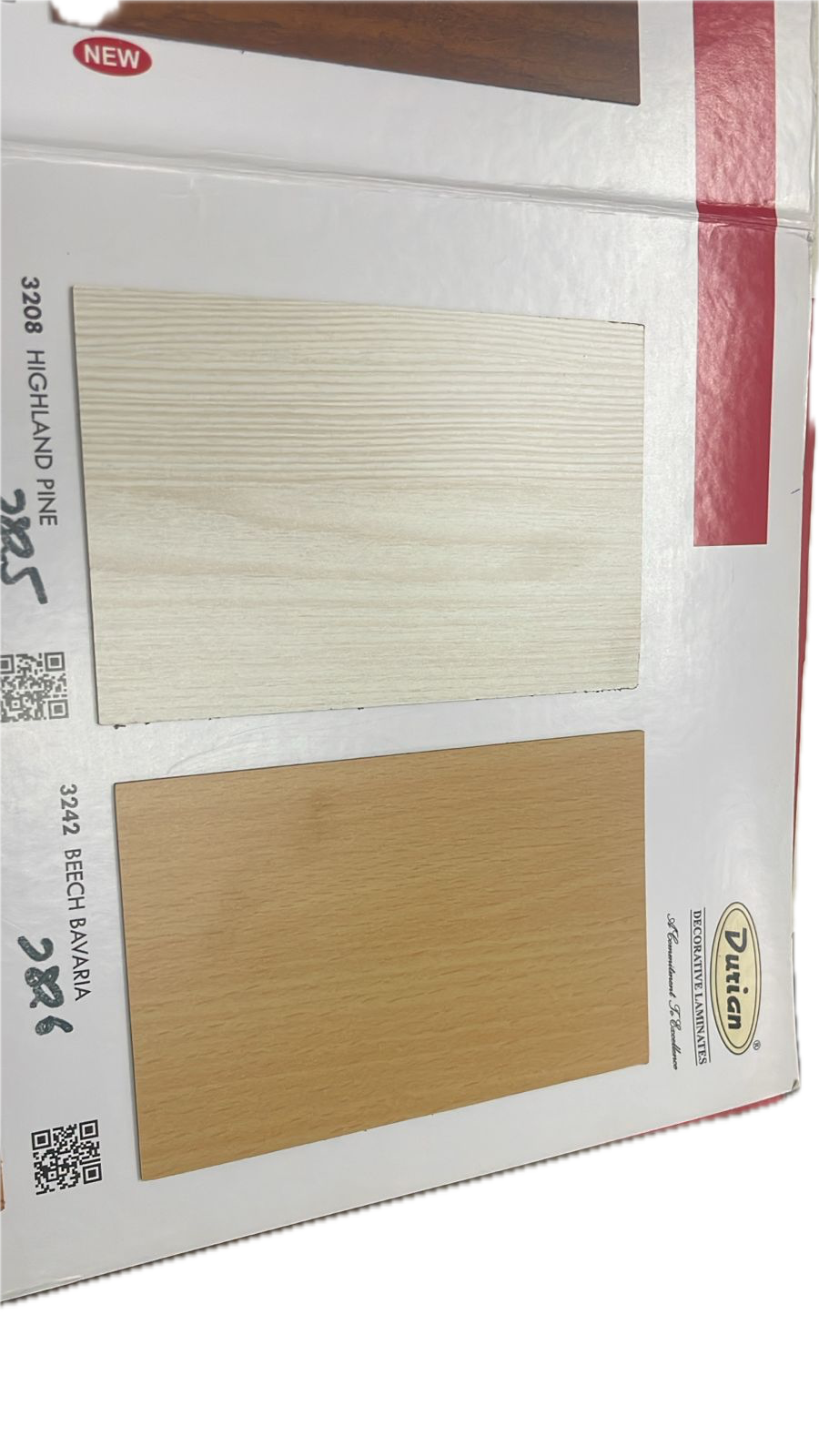 Durian Highland Ash and Beech Bavaria inner laminate swatches – designs 3208 3242 – Samta Plywood Centre Ahmedabad