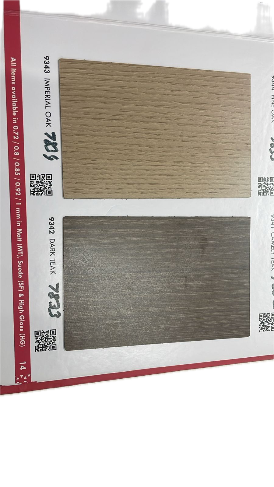 Durian Imperial Oak and Dark Teak inner laminate swatches – designs 9343 9342 – Samta Plywood Centre Ahmedabad