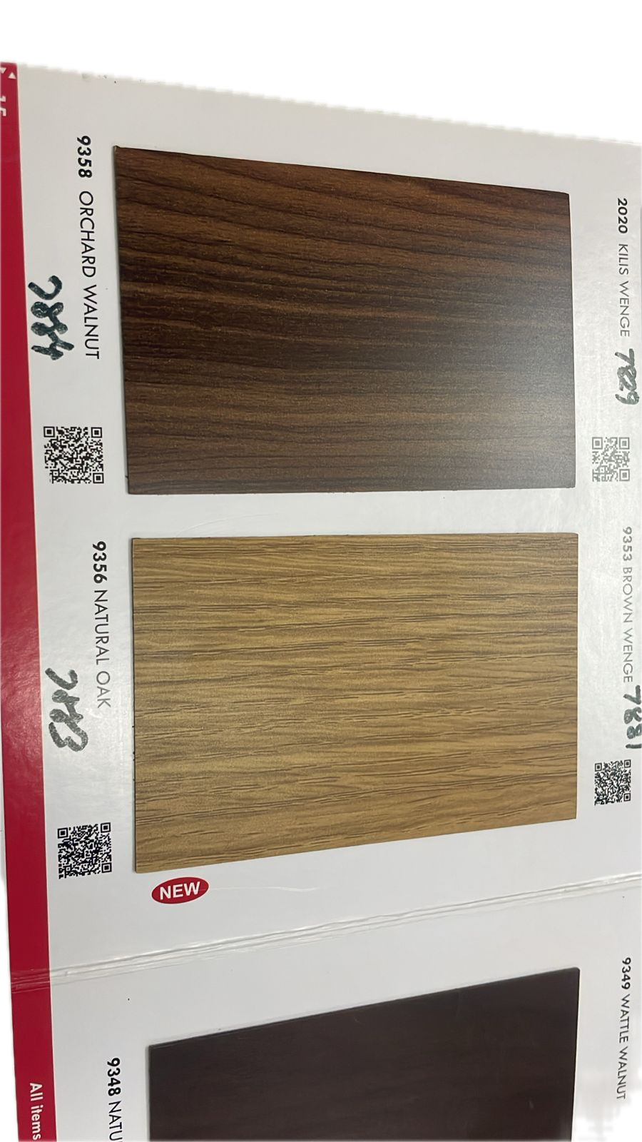 Durian Orchard Walnut and Natural Oak inner laminate swatches – designs 9355 9356 – Samta Plywood Centre Ahmedabad