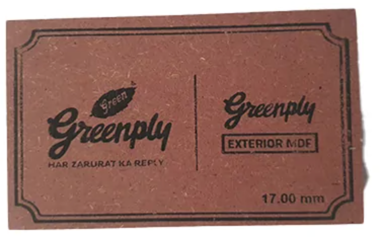 Stamped Greenply Exterior MDF board showing the printed thickness stamp on the edge