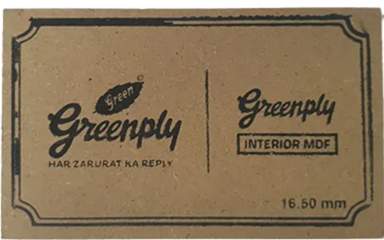 Stamped Greenply Interior MDF board showing the printed thickness stamp on the edge
