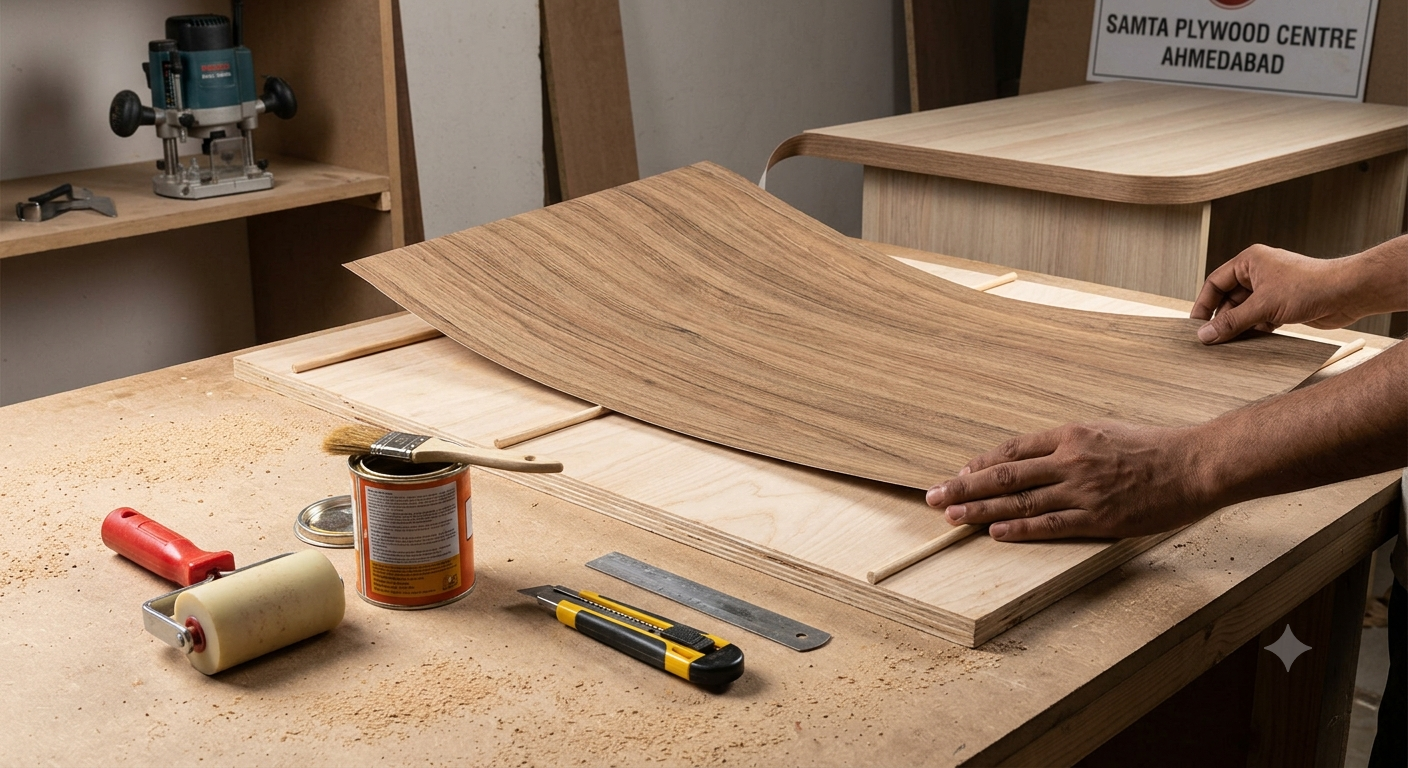 Decorative laminate sheet installation on plywood panel — Samta Plywood Centre