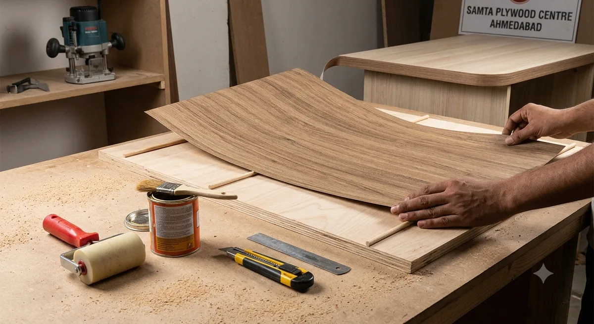 Decorative laminate sheet being applied to plywood at Samta Plywood Centre, Ahmedabad
