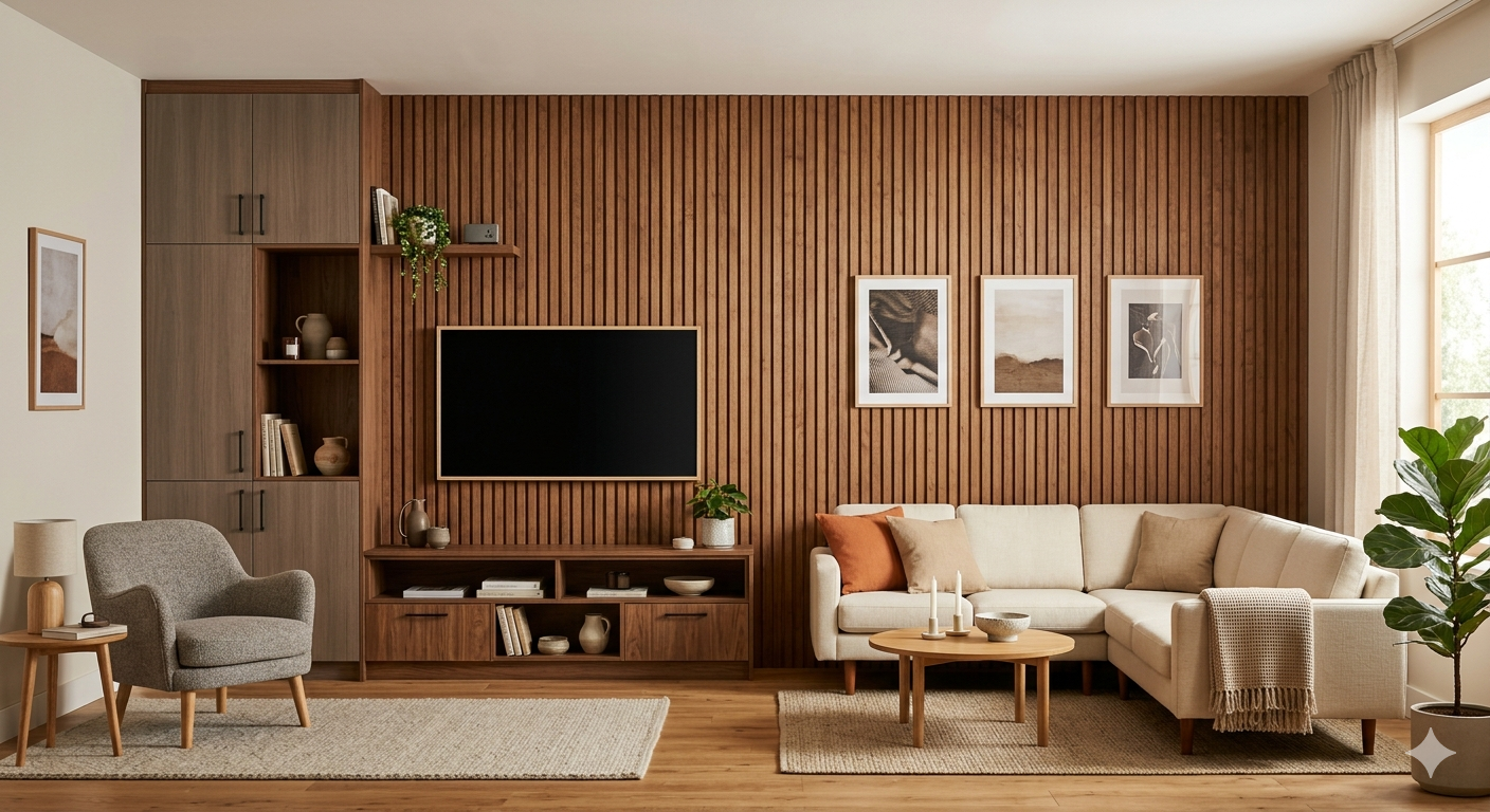 Plywood feature wall with vertical grooves and warm walnut stain finish — Samta Plywood Centre, Lati Bazar, Ahmedabad