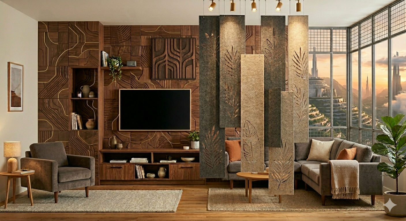 CNC-routed plywood partition screen with geometric cutout pattern backlit by warm LED — Samta Plywood Centre, Ahmedabad