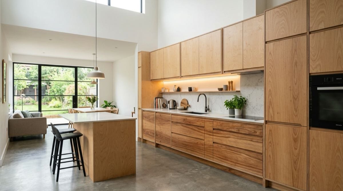 Modern kitchen showcasing beautifully crafted plywood cabinet doors at Samta Plywood Centre, Ahmedabad