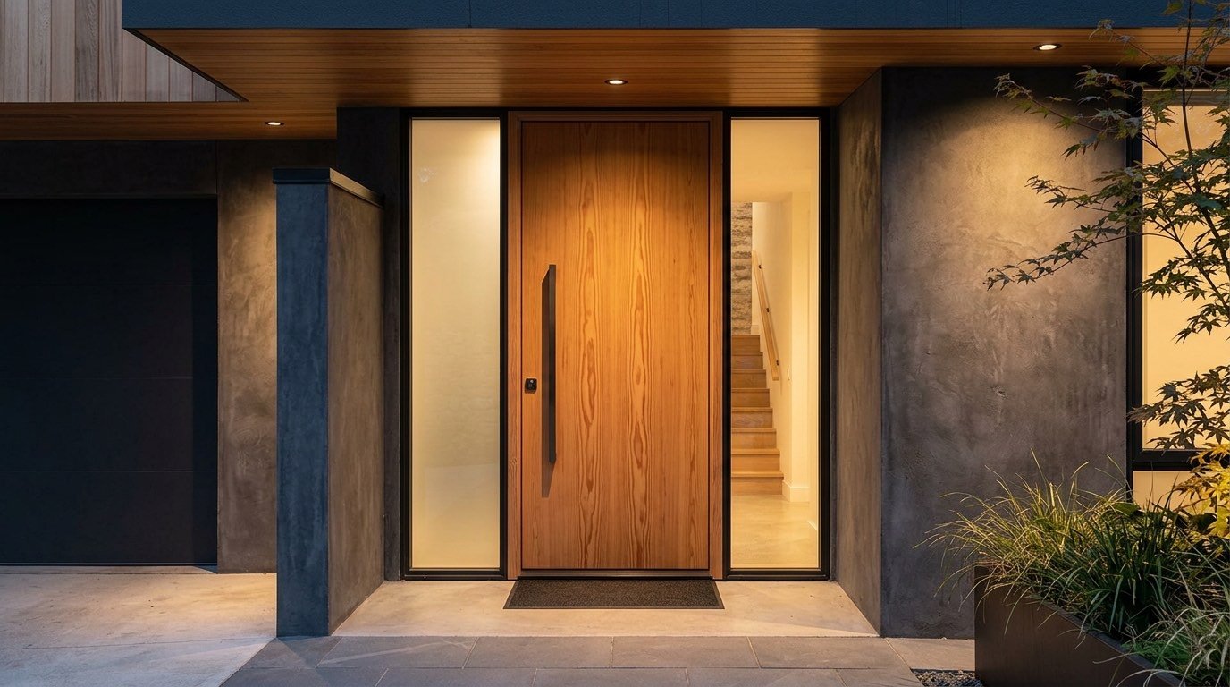 Modern plywood main entrance door design at Samta Plywood Centre, Ahmedabad