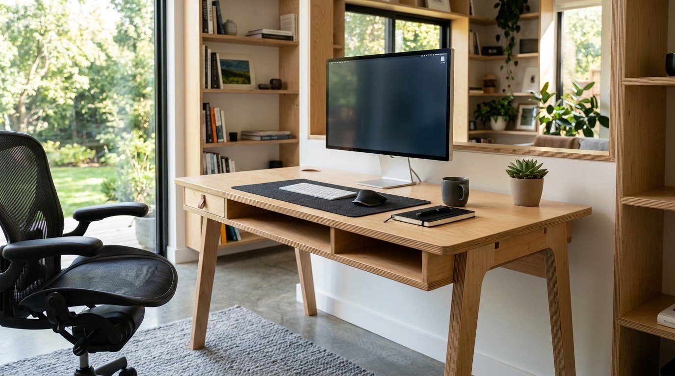 Modern plywood office and computer table design at Samta Plywood Centre, Ahmedabad
