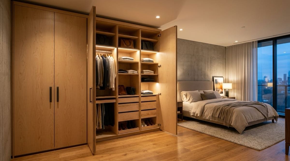 A luxurious modern bedroom featuring a large custom-built plywood wardrobe at Samta Plywood Centre, Ahmedabad