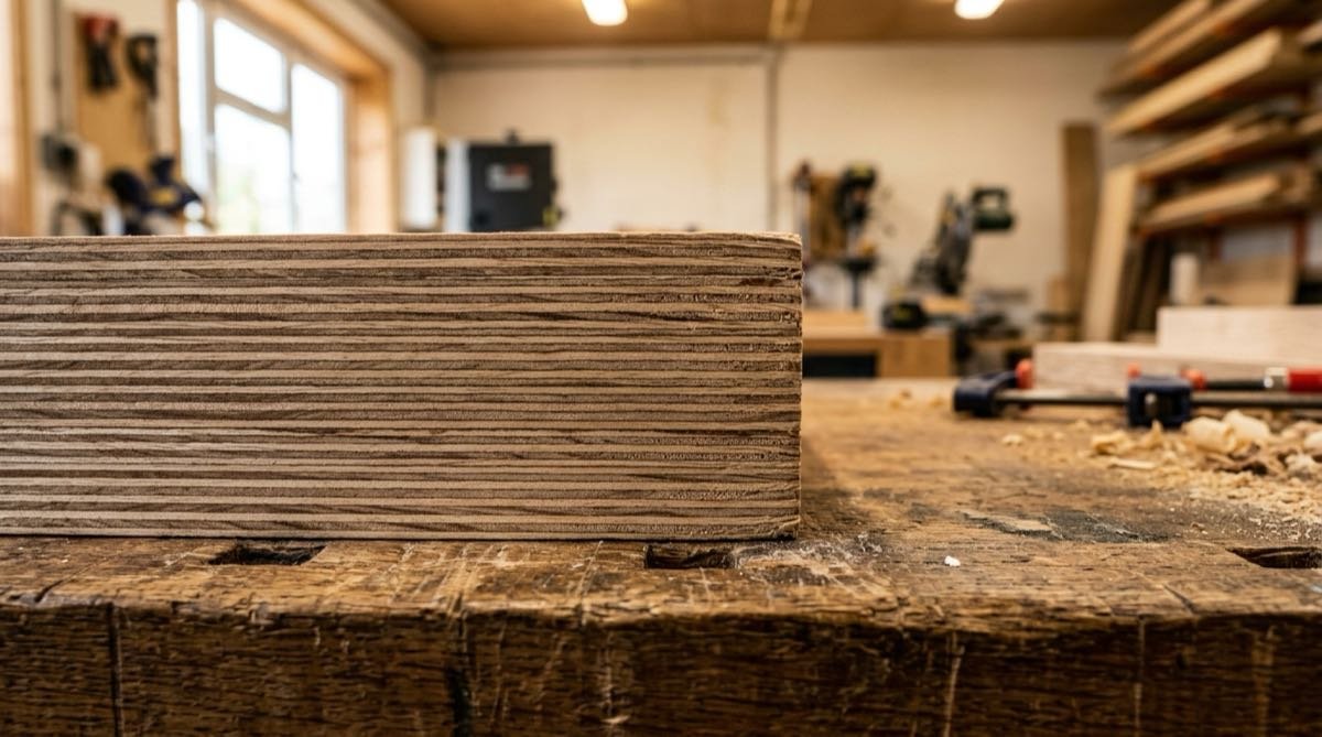 Close-up of a thick 25mm heavy-duty plywood board showing its dense layers at Samta Plywood Centre, Ahmedabad