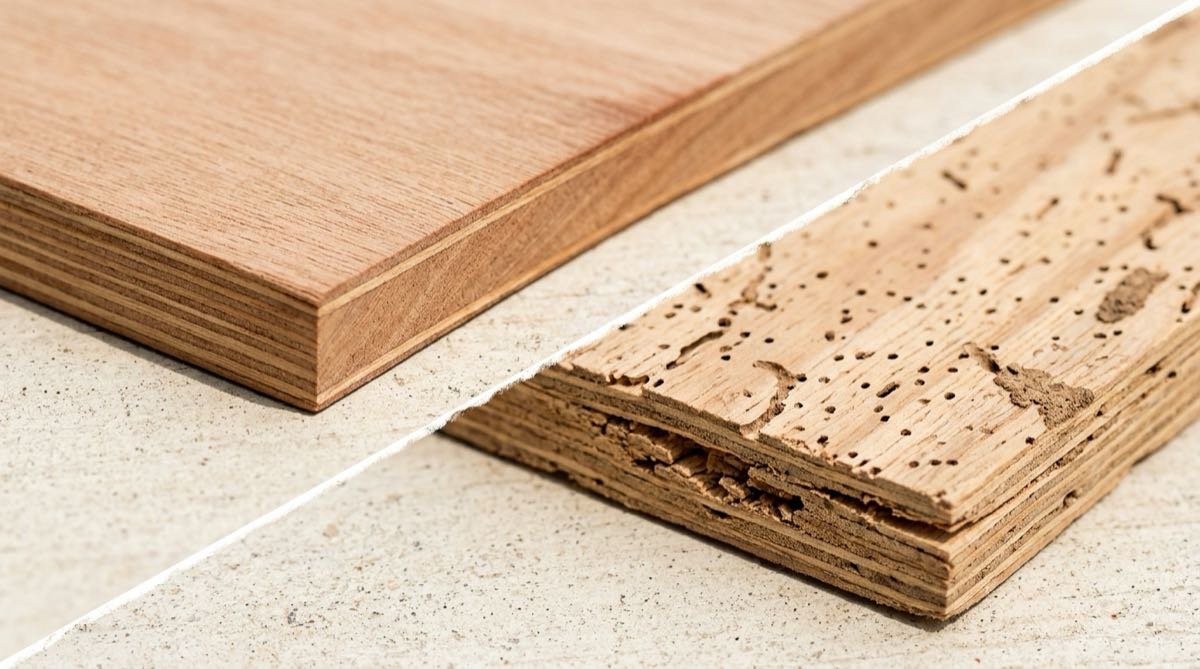 A split comparison showing pristine termite-proof plywood next to normal plywood with termite damage at Samta Plywood Centre, Ahmedabad