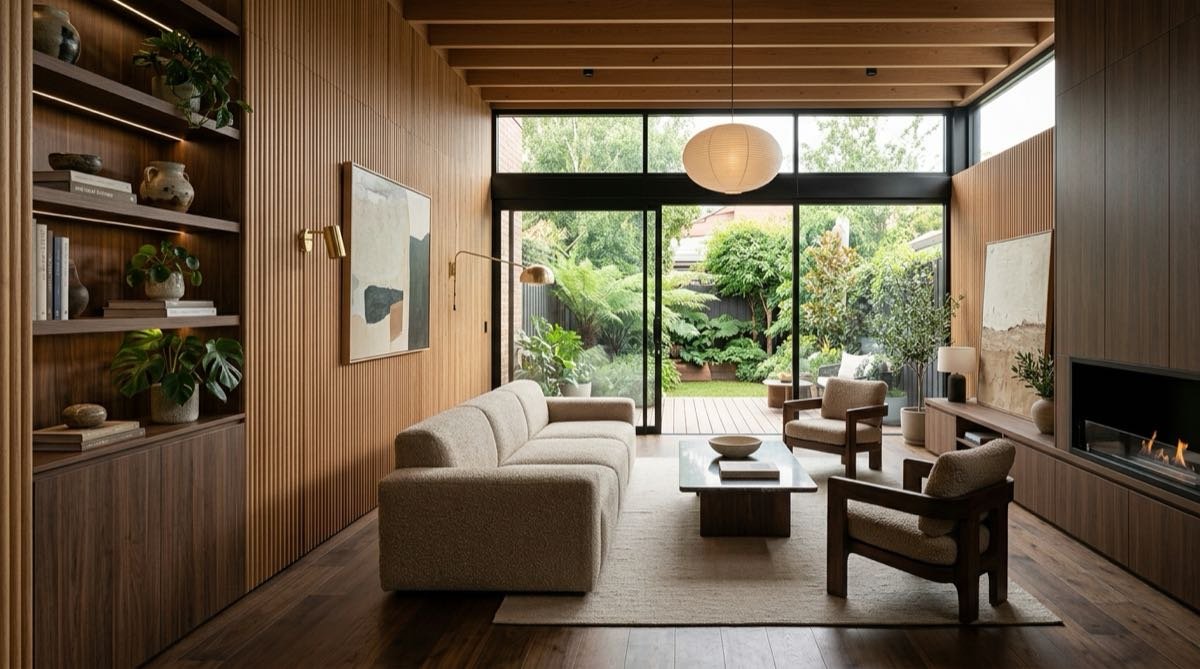 A modern interior living room showcasing 2026 trends like fluted plywood panels and dark matte finishes at Samta Plywood Centre, Ahmedabad
