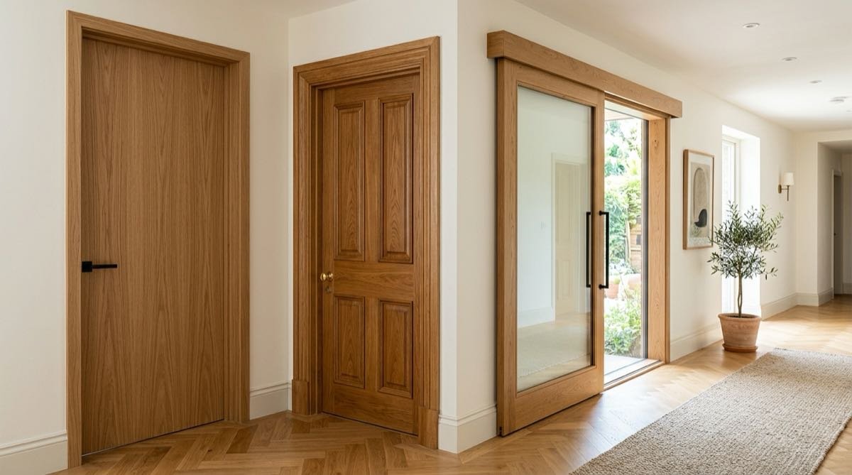 A stylish hallway showcasing different types of doors including flush, paneled, and sliding glass at Samta Plywood Centre, Ahmedabad