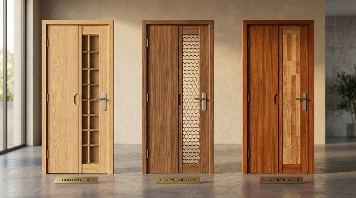 A visual comparison of hollow, cellular honeycomb, and solid timber core flush doors at Samta Plywood Centre, Ahmedabad
