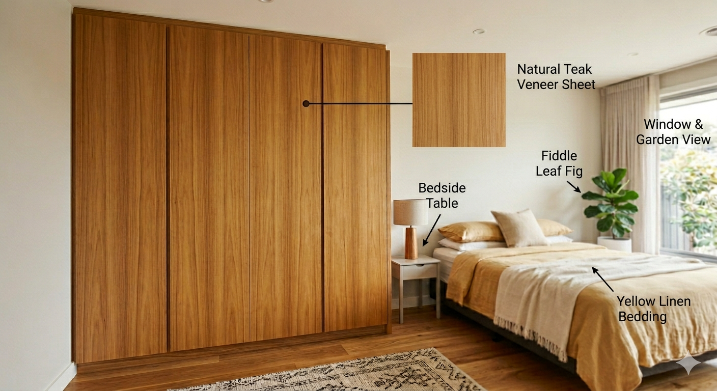 Natural teak veneer sheet applied over MR Grade plywood for a wardrobe front panel — Samta Plywood Centre, Lati Bazar, Ahmedabad